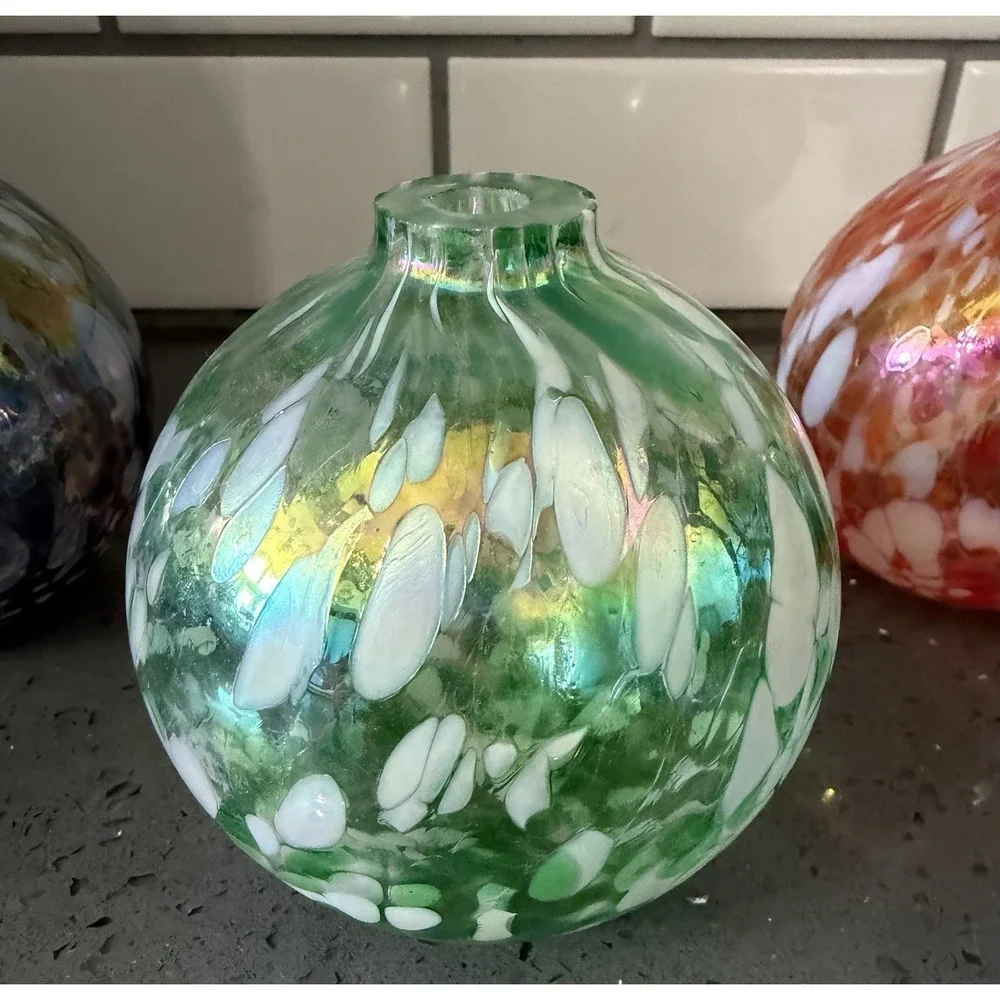 Pottery Barn Hand Blown Art Glass Oil Candle Lamp Round Orange Purple Green 3pc‎